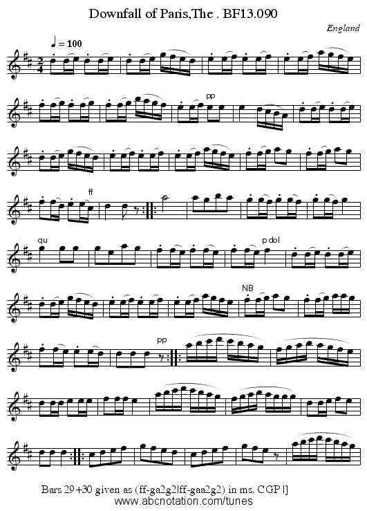 Downfall of Paris,The . BF13.090 - staff notation