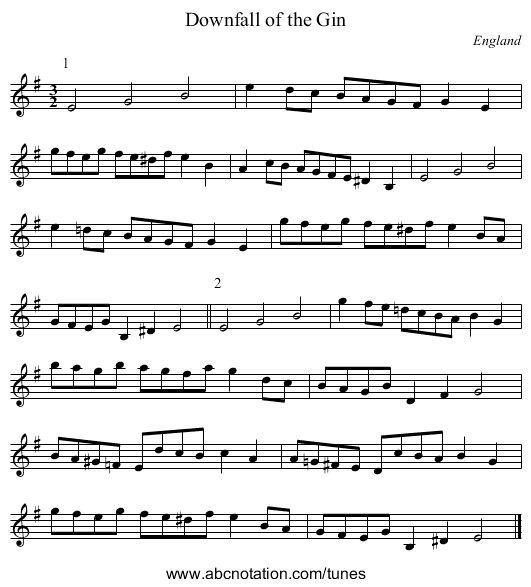 Downfall of the Gin - staff notation