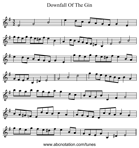 Downfall Of The Gin - staff notation
