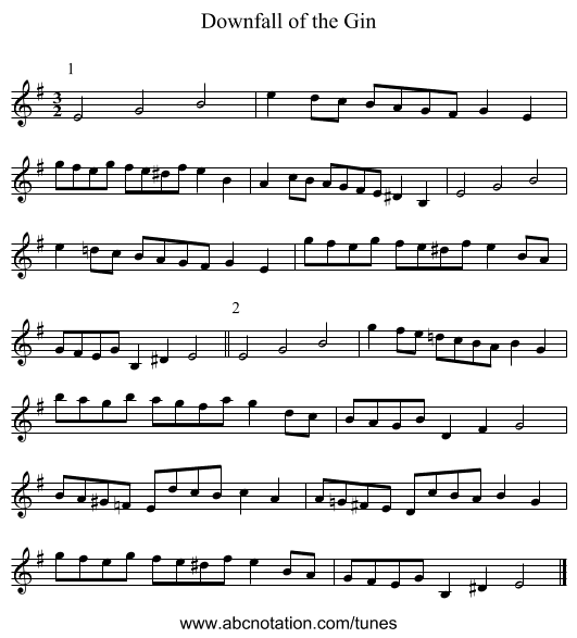 Downfall of the Gin - staff notation