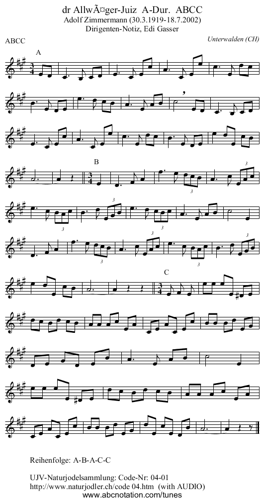 dr Allwäger-Juiz A-Dur. ABCC - staff notation