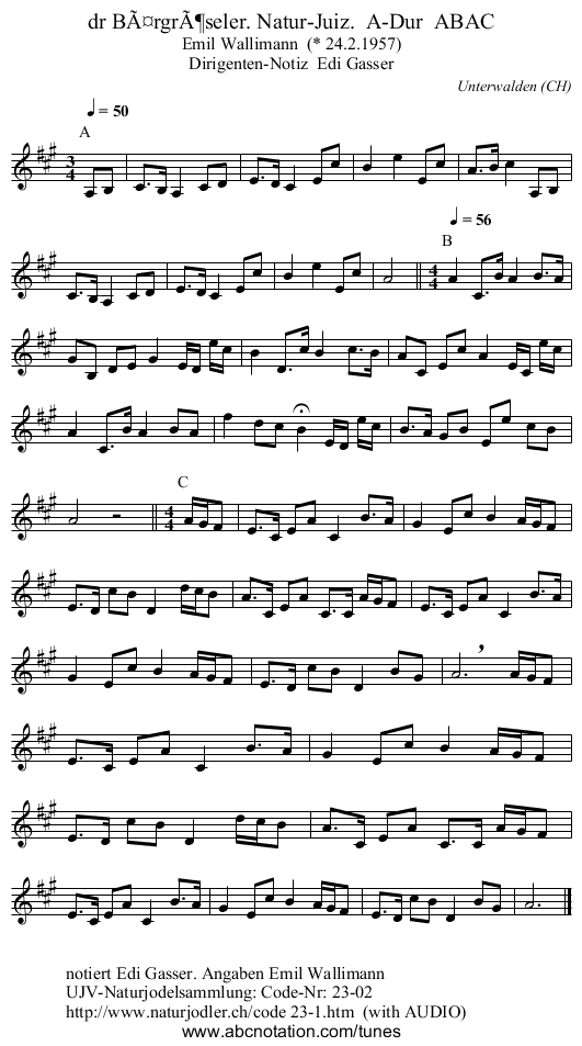 dr BÃ¤rgrÃ¶seler. Natur-Juiz.  A-Dur  ABAC - staff notation