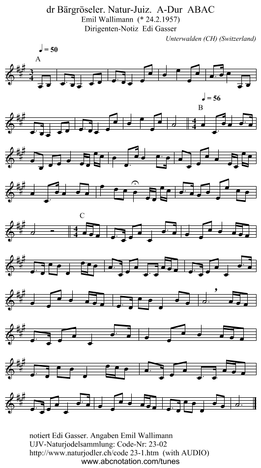 dr Bärgröseler. Natur-Juiz.  A-Dur  ABAC - staff notation