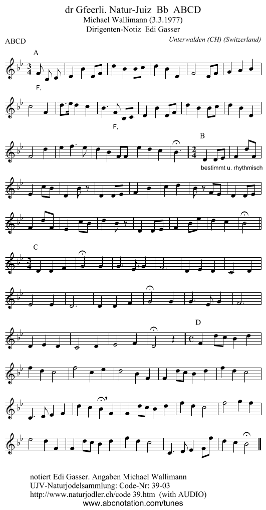 dr Gfeerli. Natur-Juiz  Bb  ABCD - staff notation