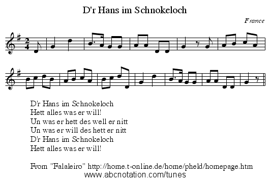 D'r Hans im Schnokeloch - staff notation