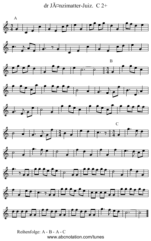 dr JÃ¤nzimatter-Juiz.  C 2+ - staff notation