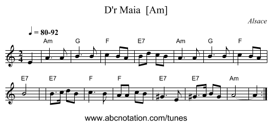 D'r Maia  [Am] - staff notation