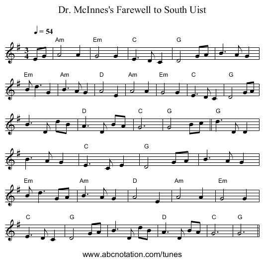 Dr. McInnes's Farewell to South Uist - staff notation