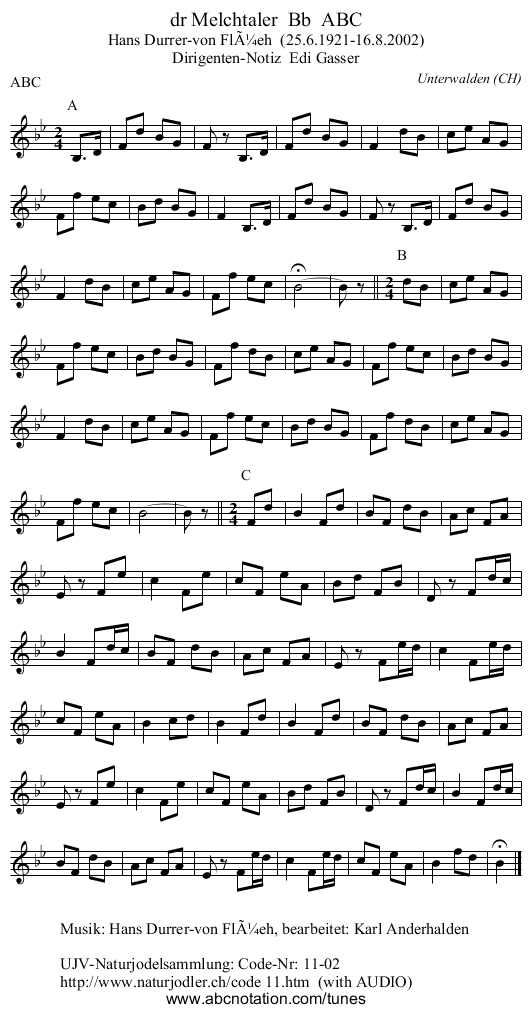 dr Melchtaler  Bb  ABC - staff notation