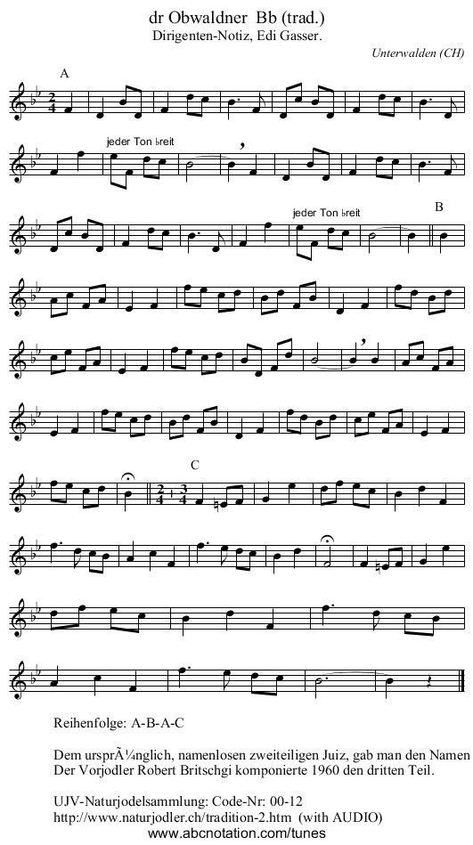 dr Obwaldner  Bb (trad.) - staff notation