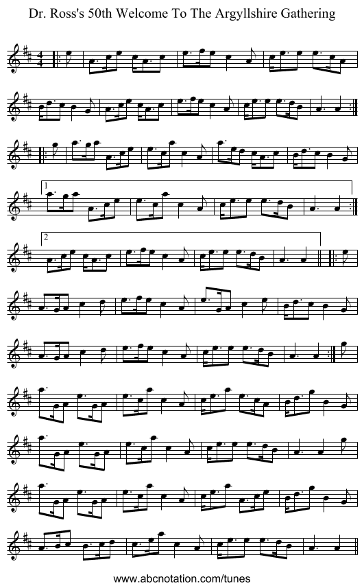 Dr. Ross's 50th Welcome To The Argyllshire Gathering - staff notation