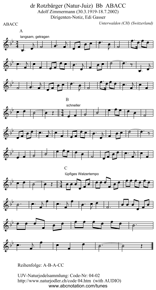 dr Rotzbärger (Natur-Juiz) Bb ABACC - staff notation