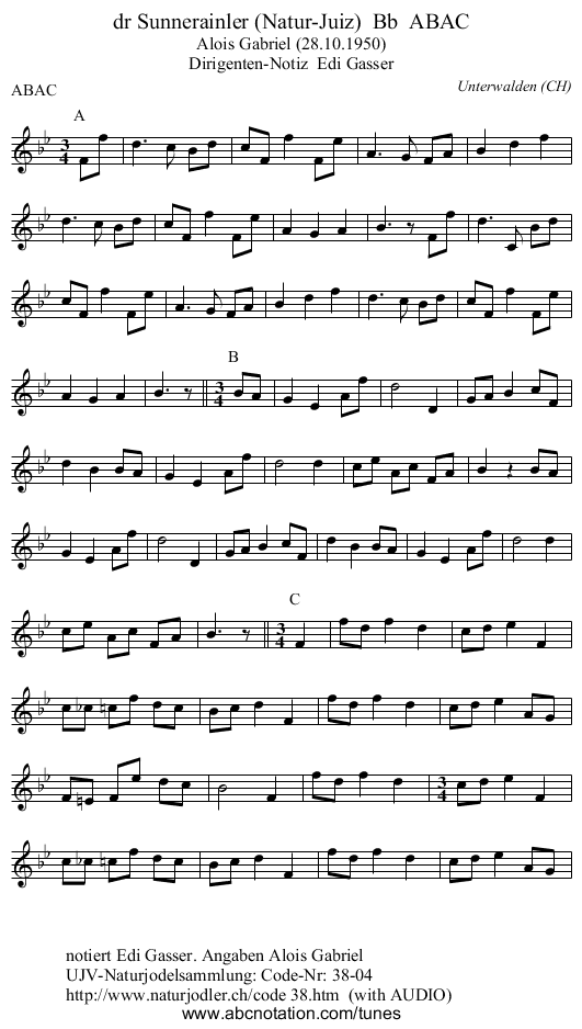 dr Sunnerainler (Natur-Juiz) Bb ABAC - staff notation