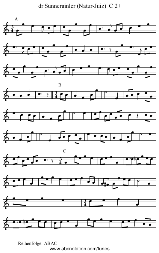 dr Sunnerainler (Natur-Juiz) C 2+ - staff notation