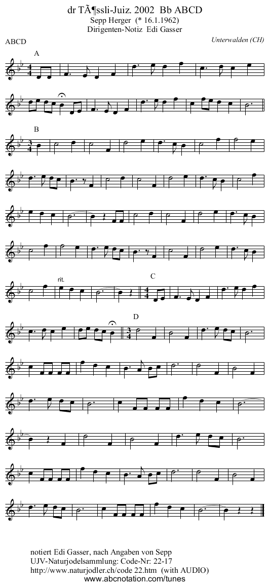 dr Tössli-Juiz. 2002 Bb ABCD - staff notation