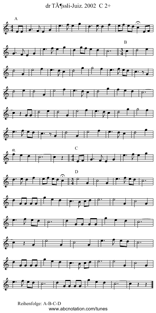 dr Tössli-Juiz. 2002 C 2+ - staff notation