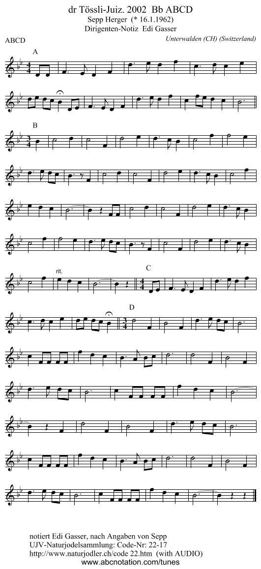 dr Tössli-Juiz. 2002 Bb ABCD - staff notation