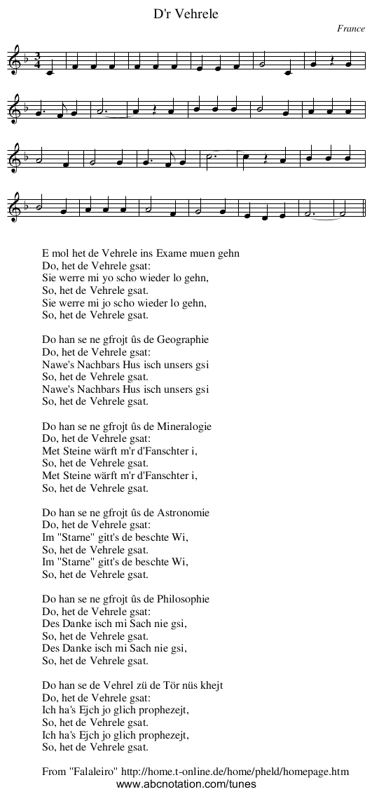 D'r Vehrele - staff notation