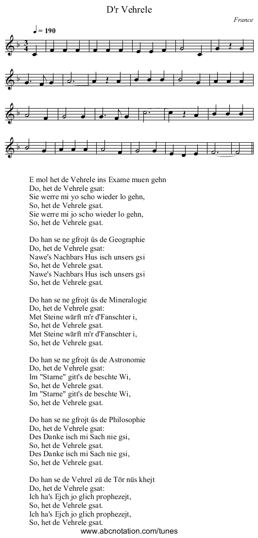 D'r Vehrele - staff notation