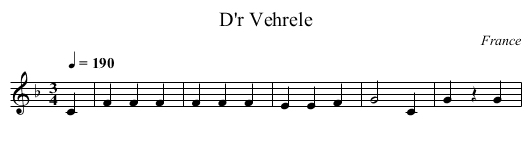 D'r Vehrele - staff notation