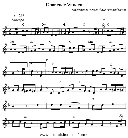 Draaiende Winden - staff notation