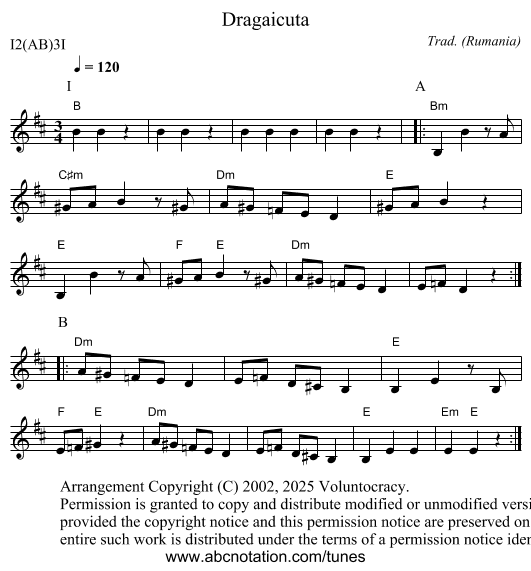 Dragaicuta - staff notation