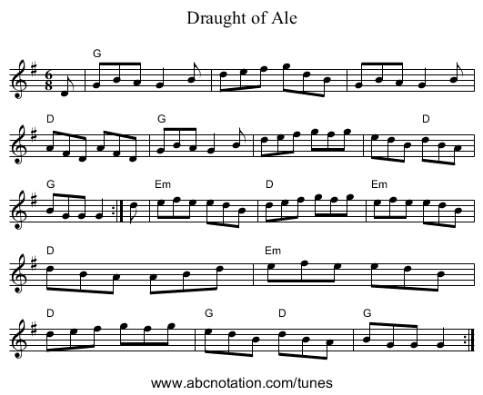 Draught of Ale - staff notation