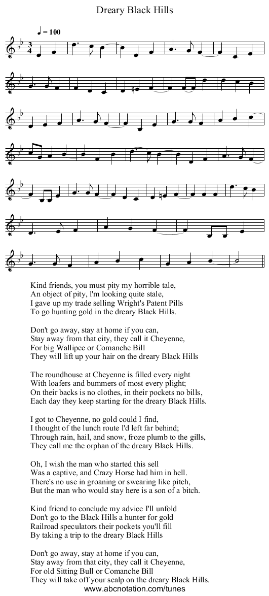 Dreary Black Hills - staff notation