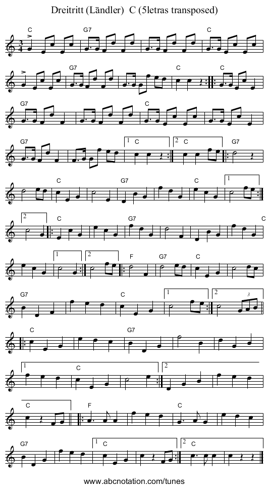 Dreitritt (L&auml;ndler)  C (5letras transposed) - staff notation