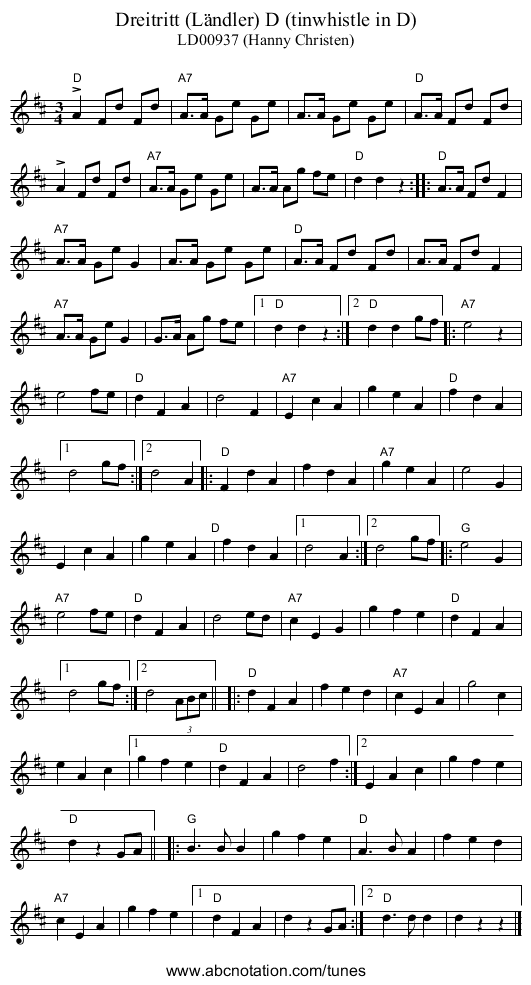 Dreitritt (L&auml;ndler) D (tinwhistle in D) - staff notation