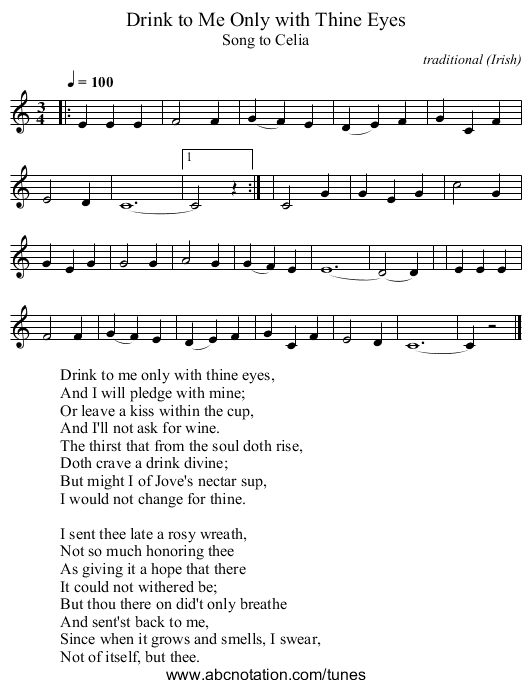Drink to Me Only with Thine Eyes - staff notation