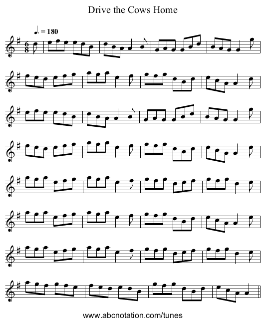 Drive the Cows Home - staff notation