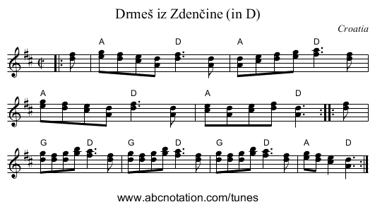 Drmeš iz Zdenčine (in D) - staff notation