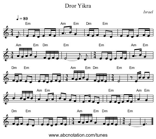 Dror Yikra - staff notation