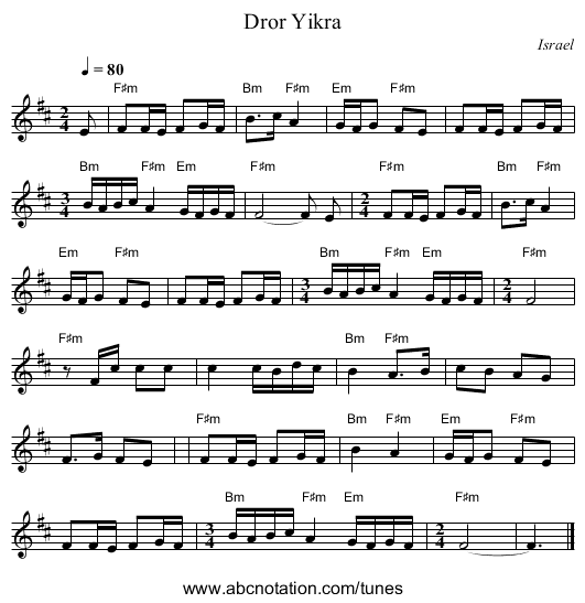 Dror Yikra - staff notation