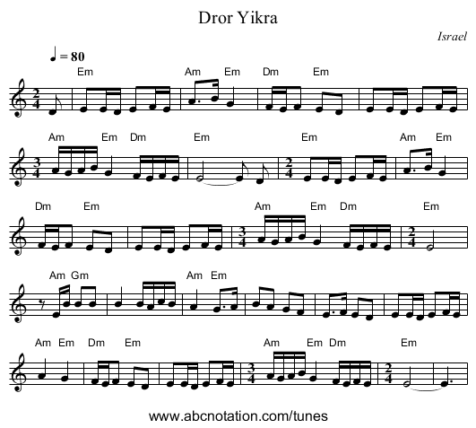 Dror Yikra - staff notation