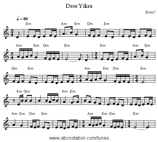 Dror Yikra - staff notation