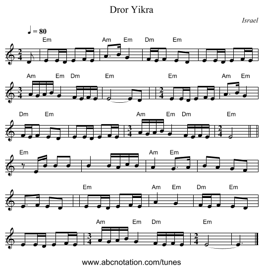 Dror Yikra - staff notation