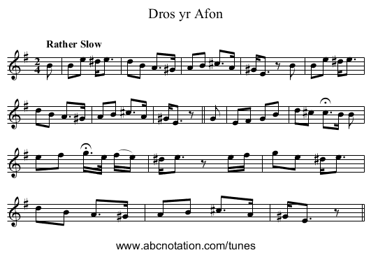 Dros yr Afon - staff notation