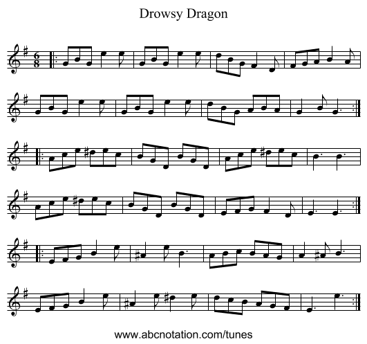 Drowsy Dragon - staff notation