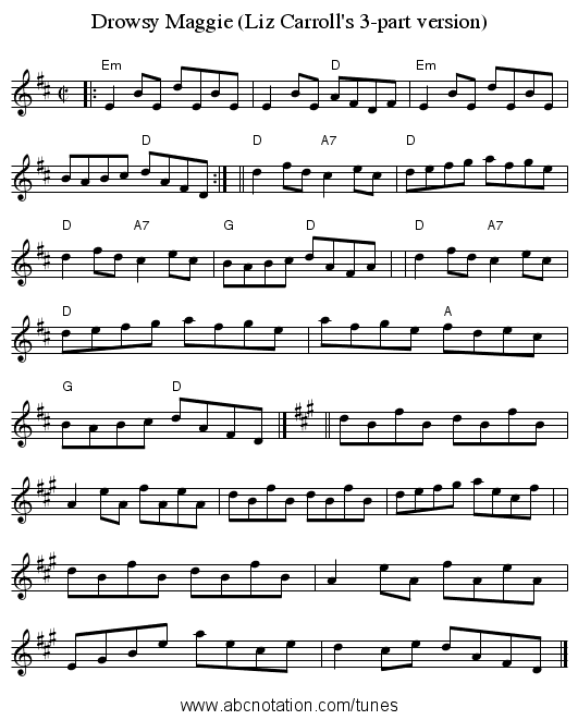 Drowsy Maggie (Liz Carroll's 3-part version) - staff notation
