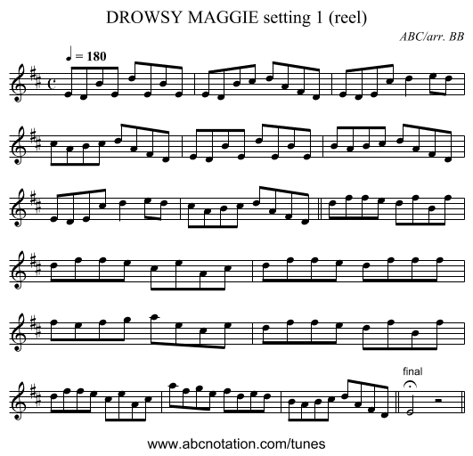 DROWSY MAGGIE setting 1 (reel) - staff notation