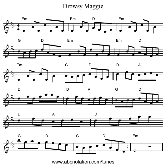 Drowsy Maggie - staff notation