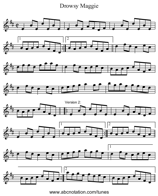 Drowsy Maggie - staff notation