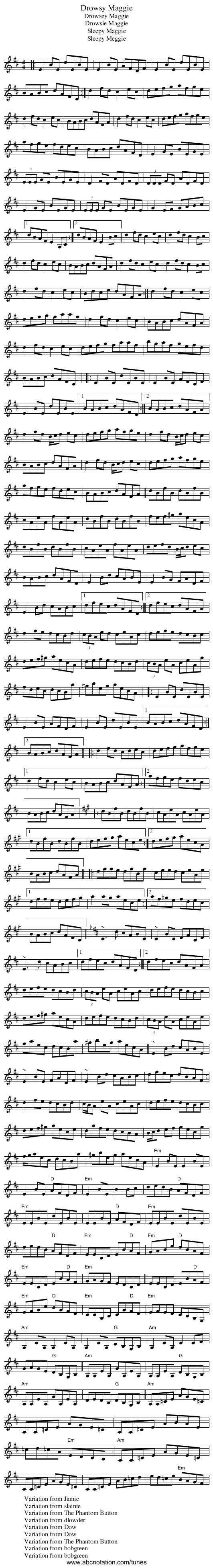 Drowsy Maggie - staff notation