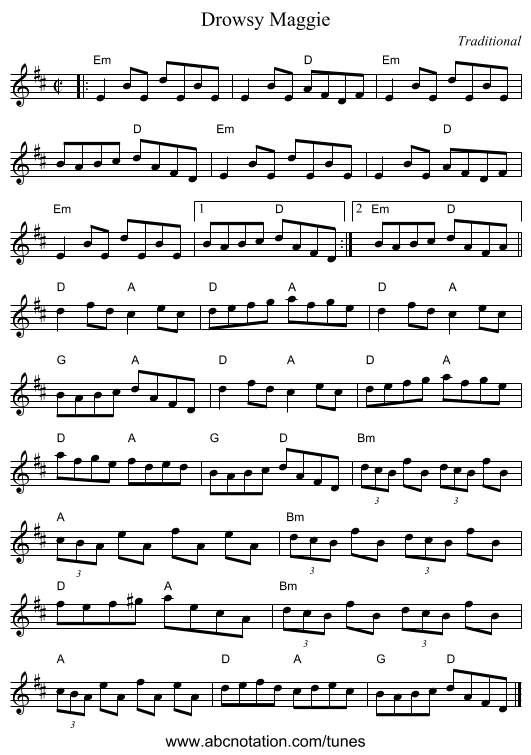 Drowsy Maggie - staff notation