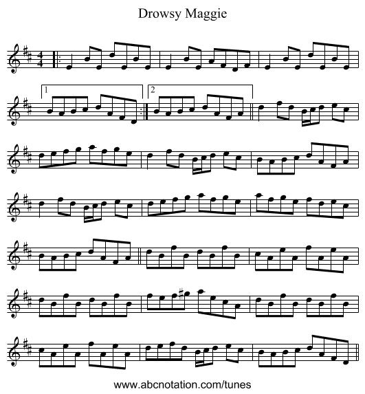 Drowsy Maggie - staff notation