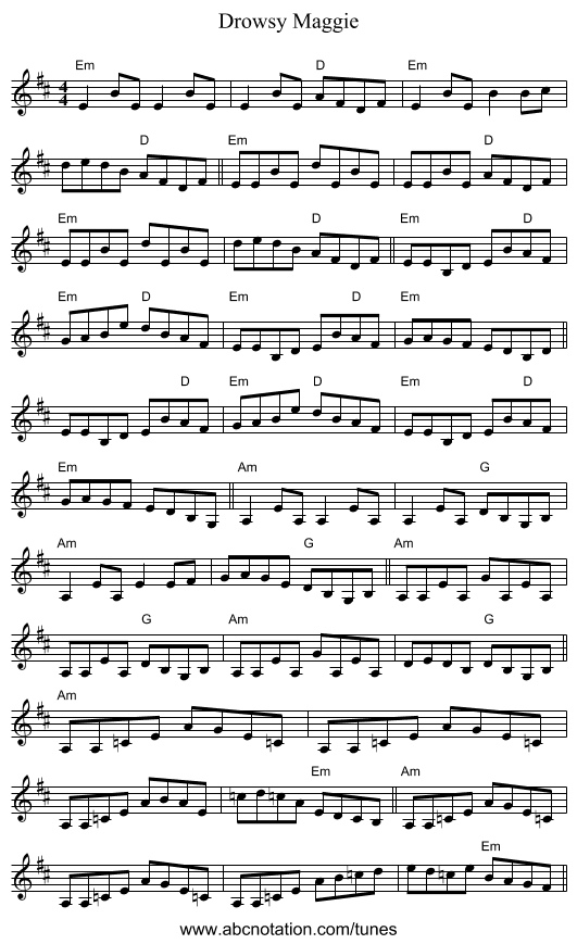 Drowsy Maggie - staff notation