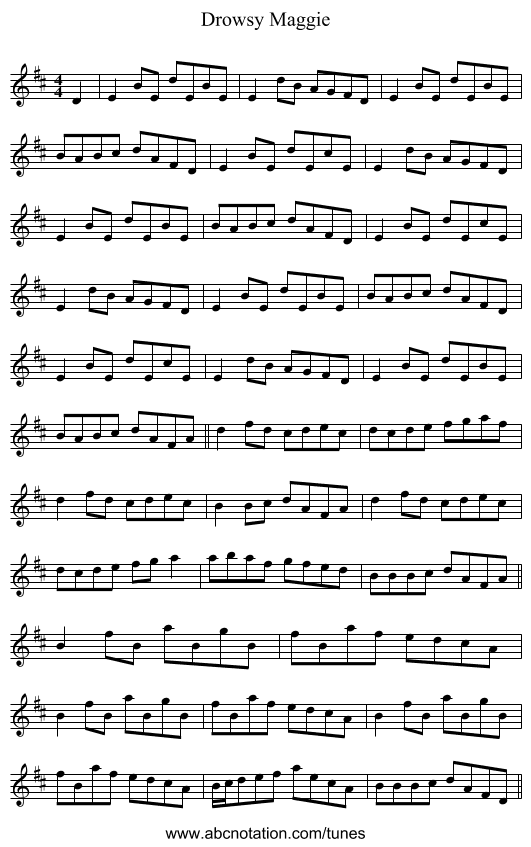 Drowsy Maggie - staff notation