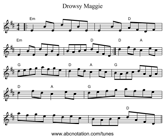 Drowsy Maggie - staff notation
